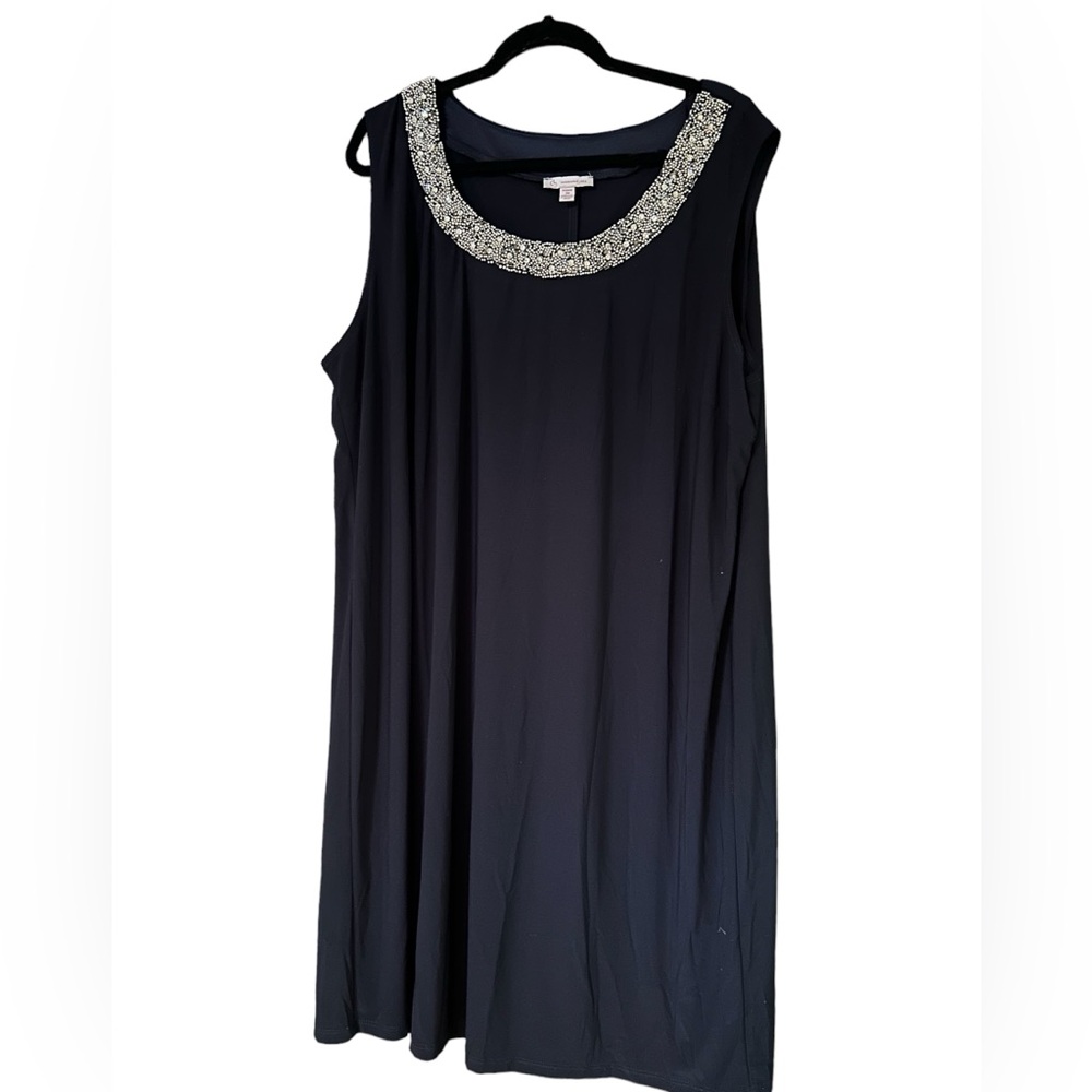 Dress Barn Size 24 Navy Sheath Dress, silver beads and rhinestone neckline